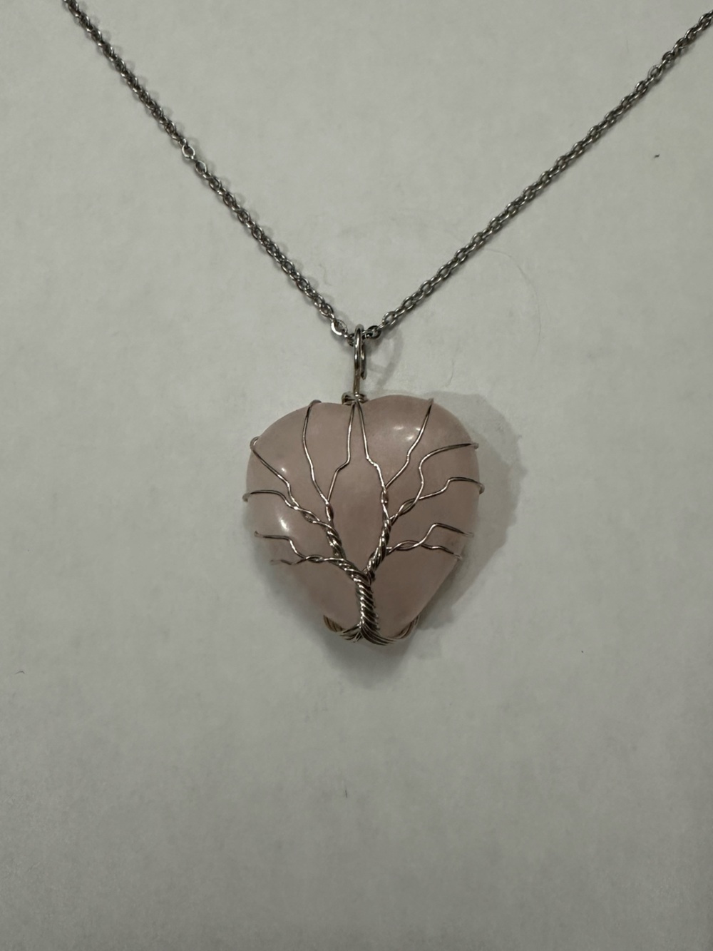 Silver Tree of Life Rose Quartz Heart Pendant Necklace
